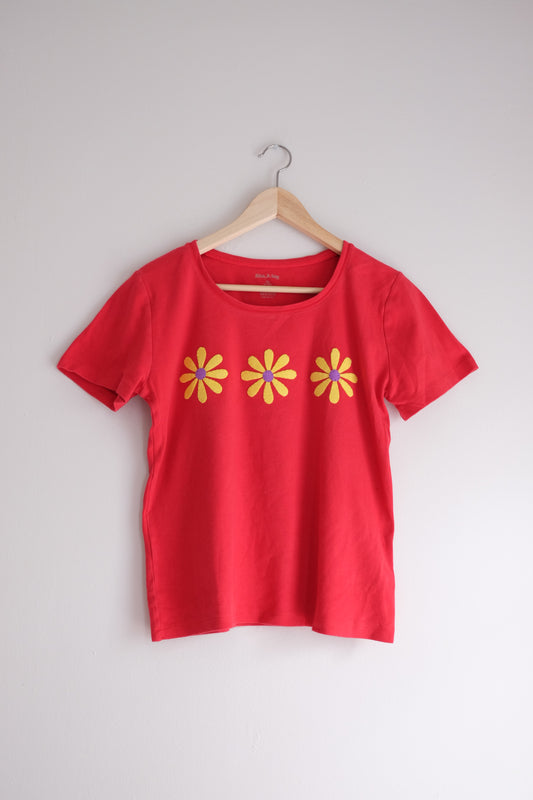 red t-shirt with flowers